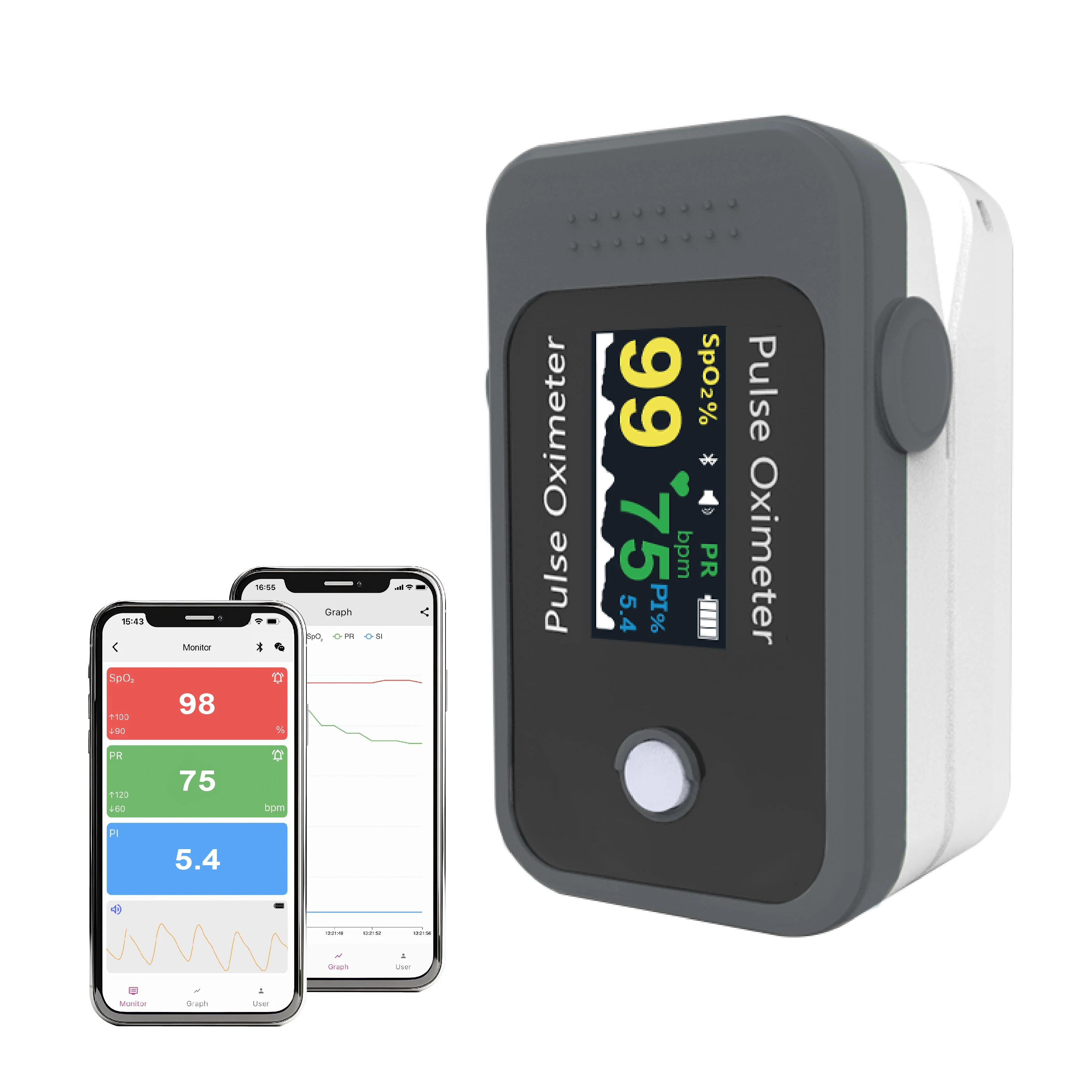 Finger Pulse Oximeter SPO2 Blood Oxygen Heart Rate Saturation Digital Monitor with Bluetooth Alarm Medical with Digital Display