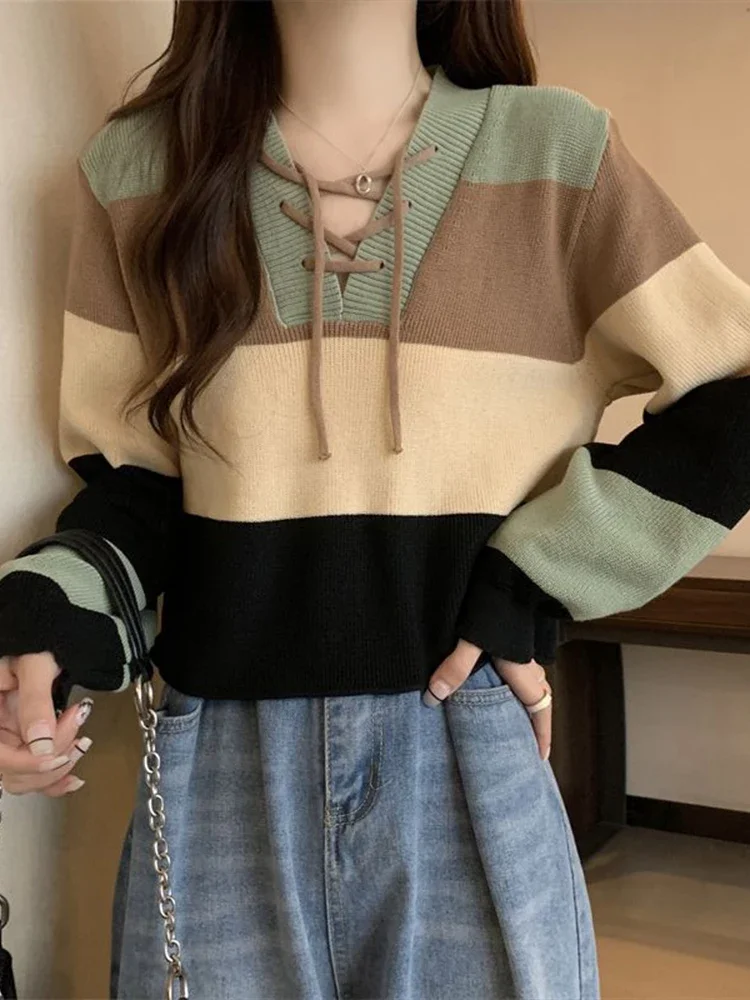 

Contrast Color Striped Sweater Women Korean Fashion V-neck Bandage Short Knitted Pullovers Female Sweet Casual Kawaii Jumper