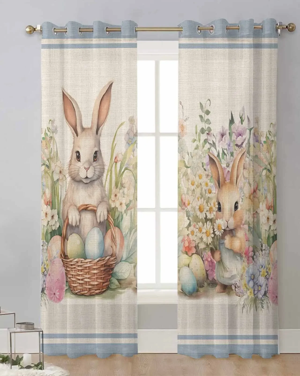 Easter Eggs Bunny Flowers Sheer Tulle Curtain Children Bedroom Curtains Living Room Window Treatment Voile Drape