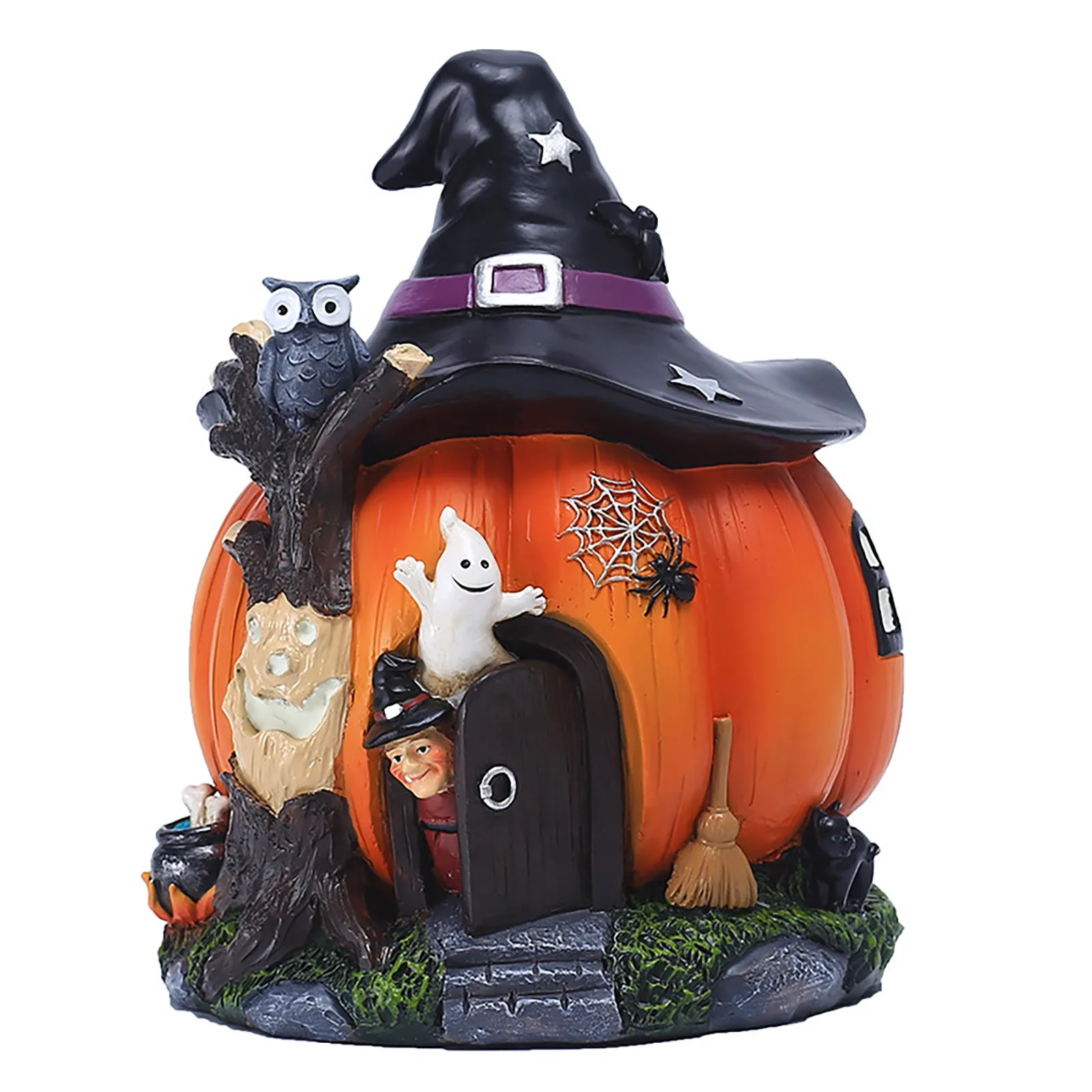 Halloween Decoration Halloween Witch Pumpkin House Statue Glowing Resin Or Trick Figurine Desktop Ornament Halloween Decor