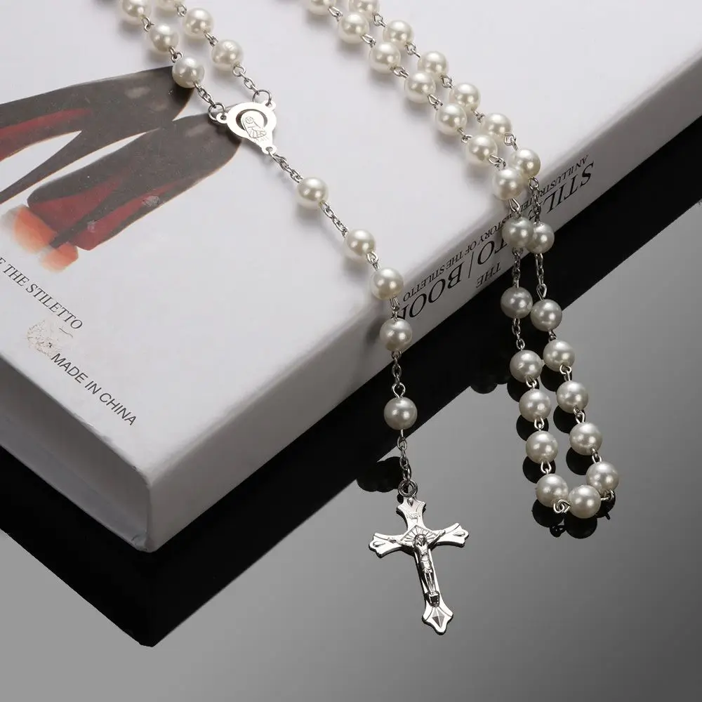 Vintage Rosary Beads Cross Necklace Jesus Crucifix Virgin Mary Pendant Chain Necklace Fashion Jewelry Gift for Women Men