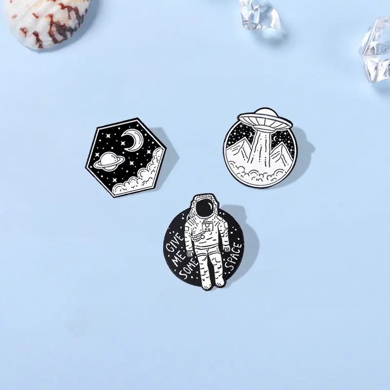 Outer Space Landscape Enamel Pins Black and White Painting Bag Brooch Lapel Badge Cartoon Jewelry Gift for Kids Friends