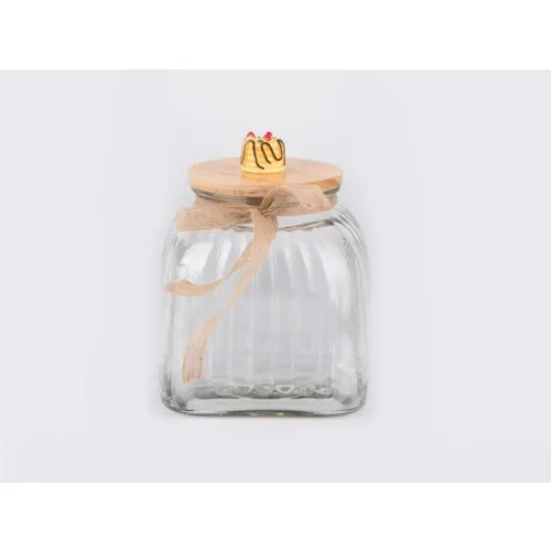 Zücev Jar 16x23 cm Wood Cover Single Vertical Stripe Glass Jar