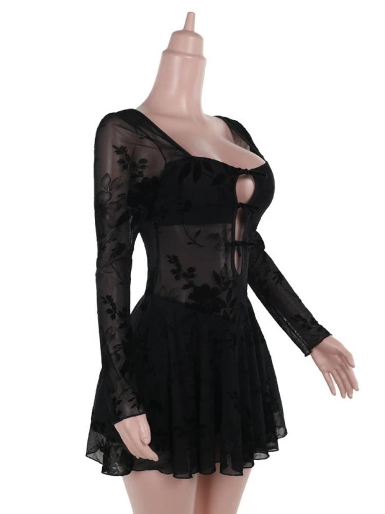SsTss Mini abito sexy in rete trasparente Moda donna Collo quadrato Manica lunga Cut-out Stampa floreale A Line Abito da festa di mezzanotte