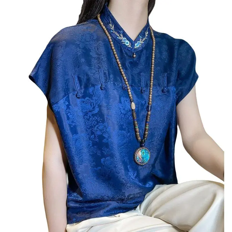 Chinese Stijl Blauw Vintage Top Cheongsam Blouse Vrouwen Effen Kleur Los Shirt Dagelijks Hanfu Top Oosterse Jacquard Vintage Top