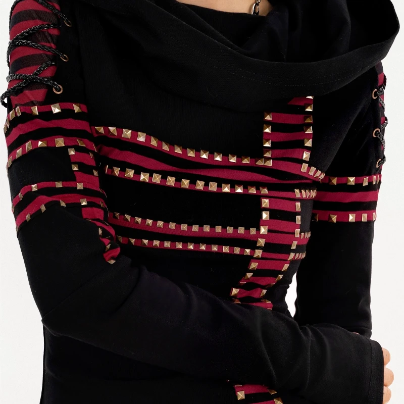 オリジナルデザインダークパンクフード付きストライプ長袖女性の Tシャツ秋の新パッチワーク痩身多用途 Tシャツレディース