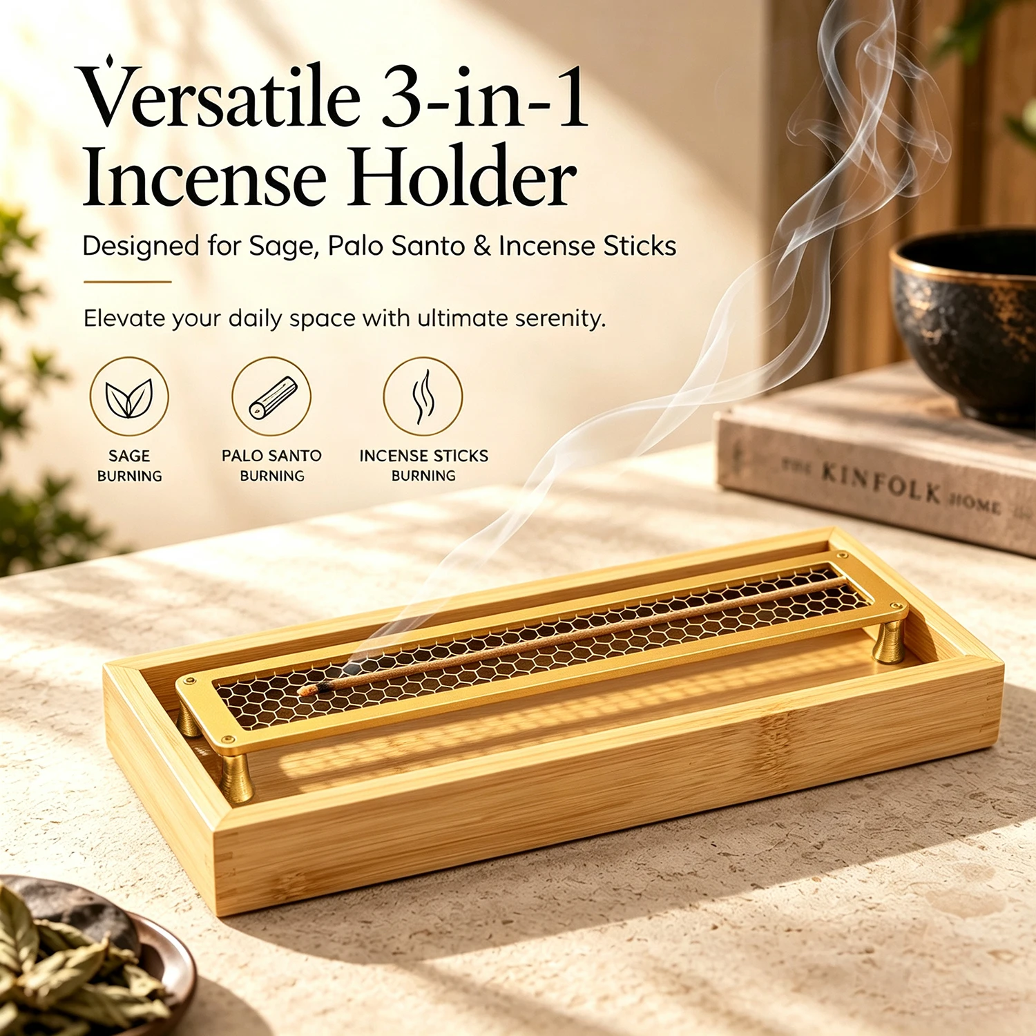 3 in 1 Incense Holder Metal Sage Holder Burner Palo Santo Holder  with Bamboo Ash Catcher Tray for Meditation Yoga Spa