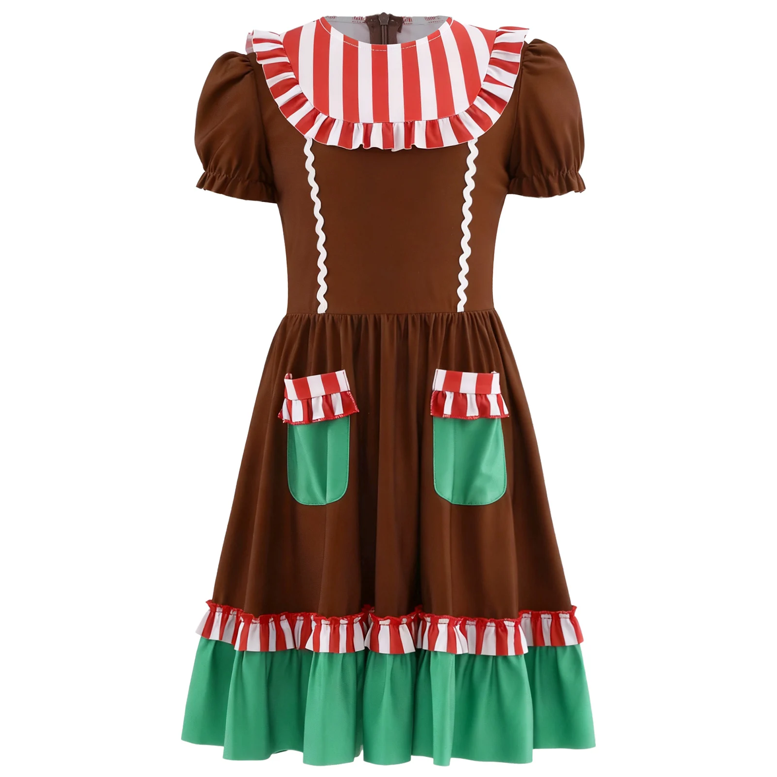 أطفال بنات منتفخ قصيرة الأكمام سستة مخطط تكدرت فستان عيد الميلاد عيد الميلاد كرنفال موضوع حفلة الزنجبيل رجل تأثيري حلي #2