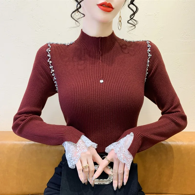 

2025, новинка, европейский, одежда, вязаный, свитер, женский, сексуальный, макет шеи, блестящий, бусины, длинный рукав, пэчворк, кружево, пэчворк, кружево, топы, 51041