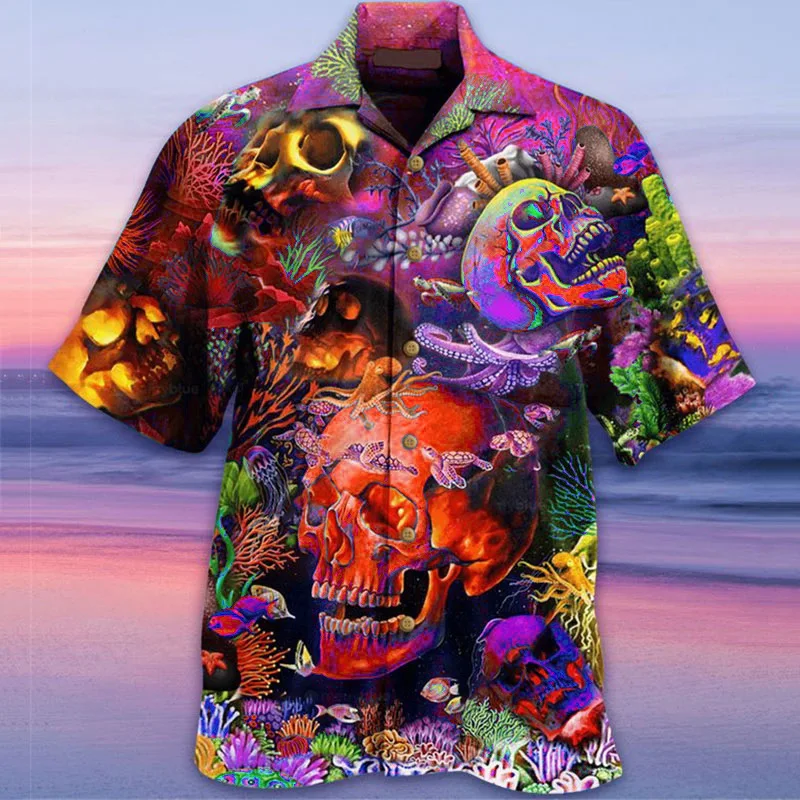 

Halloween skull Summer new Hawaiian men's casual 3D digital printed Cuban collar casual beach shirt