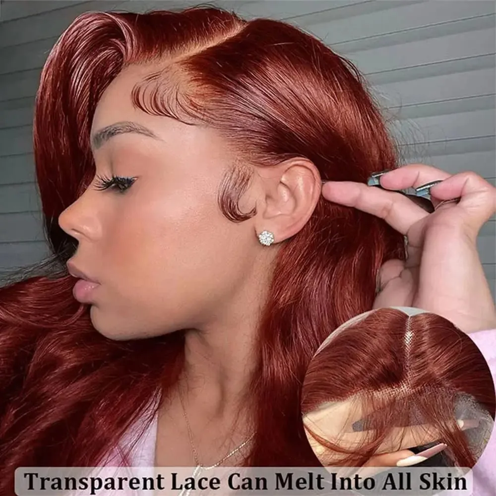 HD Transparente Lace Frontal Peruca, Cabelo Humano Castanho avermelhado, Onda Do Corpo, Vermelho Escuro, 13x4 Frontal Perucas, 10A Colorido