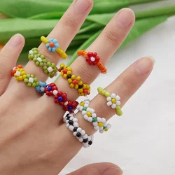 Cute Colorful Transparent Resin Acrylic Flower Rings for Women Bohemian Handmade Elastic Rice Beaded Ring Aesthetic Jewelry