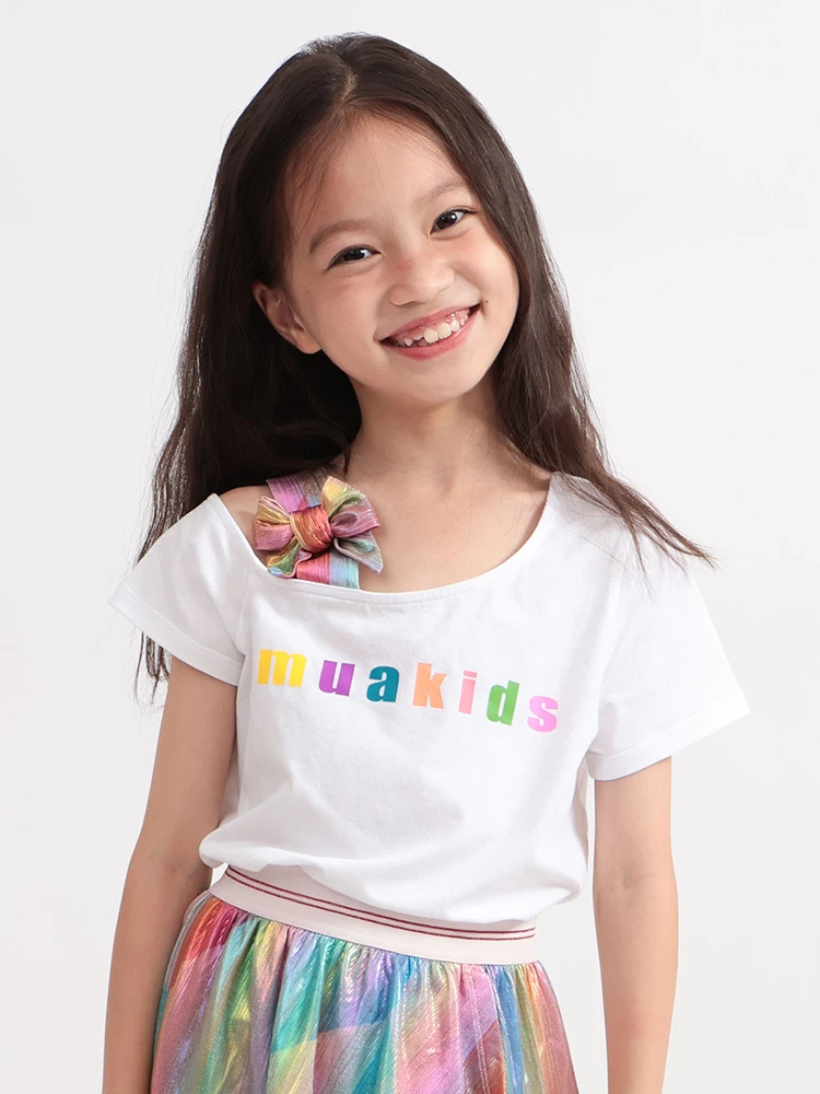 muakids-キッズ-tシャツ-ショルダーバード-バタフライノット-半袖-レタープリント-コットン-カジュアル-トップス-女の子用-春夏-新デザイン