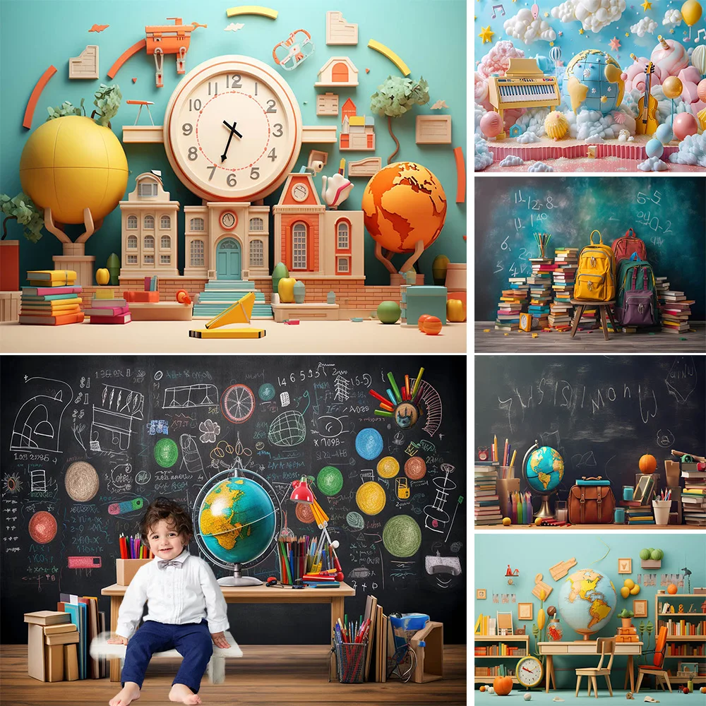 Back To School Photography Background Blackboard Globe Book Student Portrait Background Kid 1st Birthday Cake Smash Photo Studio