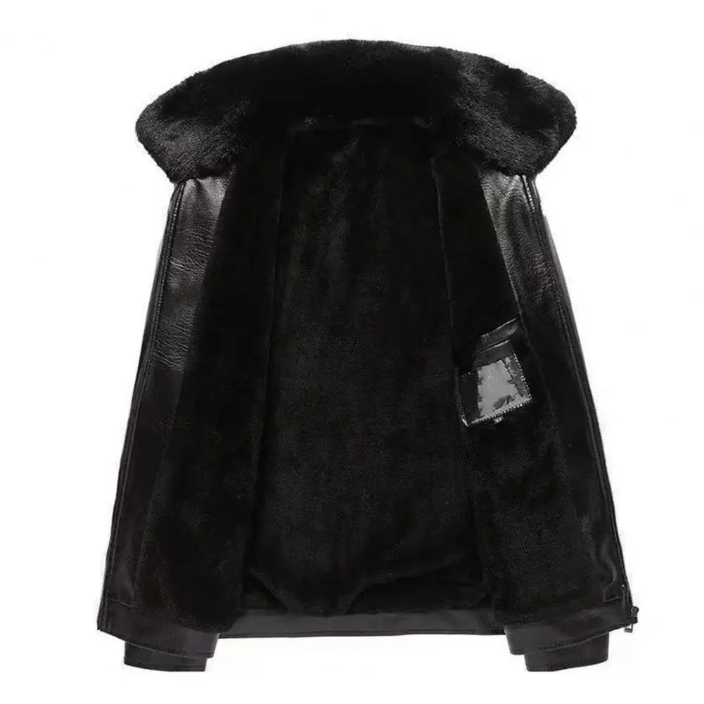 

Plus Size Men Coat Faux Fur Lapel Long Sleeve Faux Leather Jacket Thickened Velvet Lining Zipper Windproof Outwear Coat