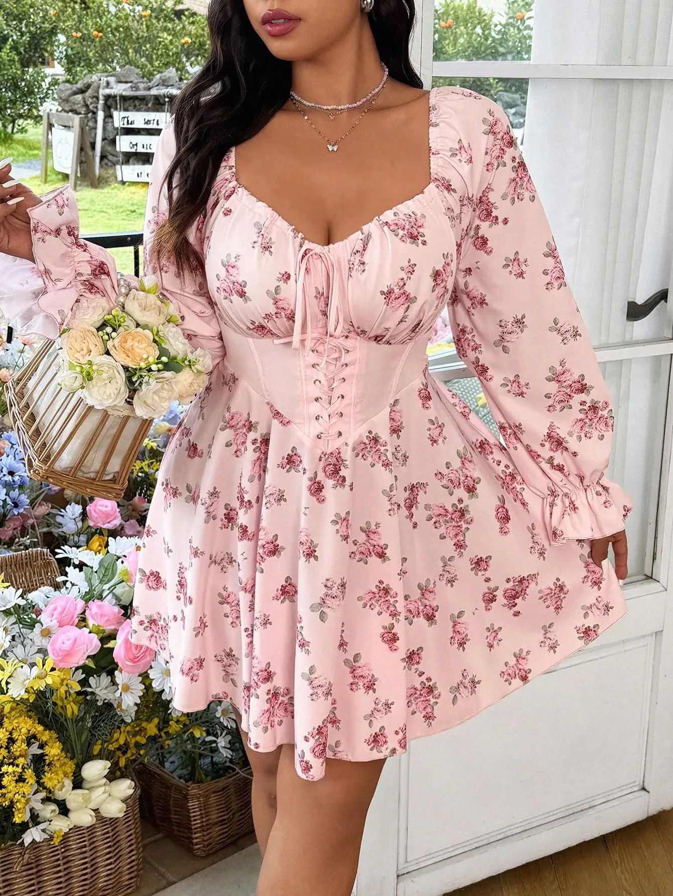 

Pink Floral Print Long Sleeve Dress with Square Neck and Corset Waist