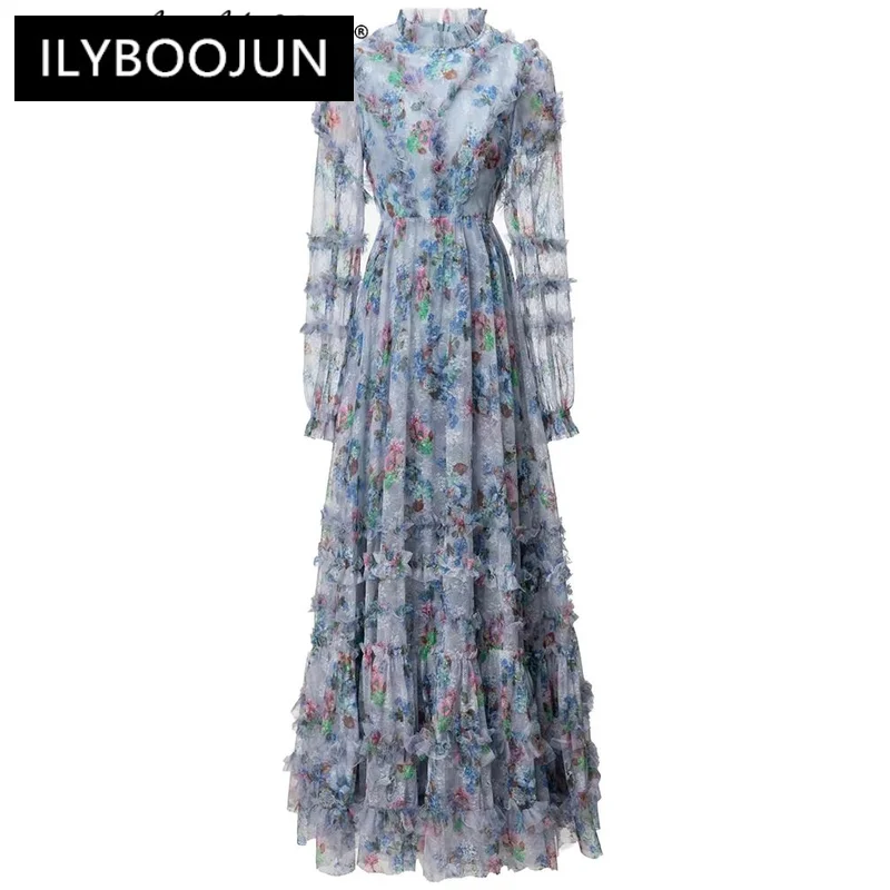 

Autumn Maxi Mesh Dress O-neck Lantern Sleeve Ruffle Floral Print Elegant Party Long Dresses For Women 2024 Luxury Brand