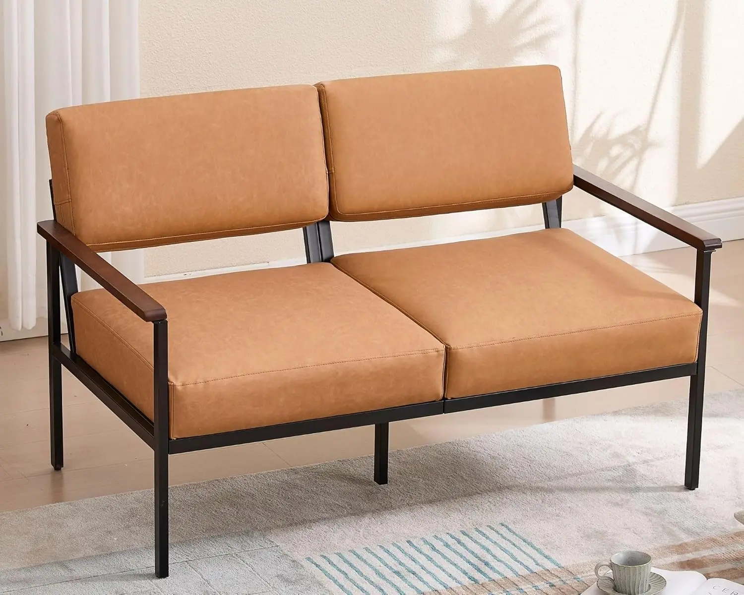 52 Inch Brown Faux Leather Loveseat Couches for Living Room Mid Century Modern Sofa with 2 Seat Upholstered Cushion and Metal Fr