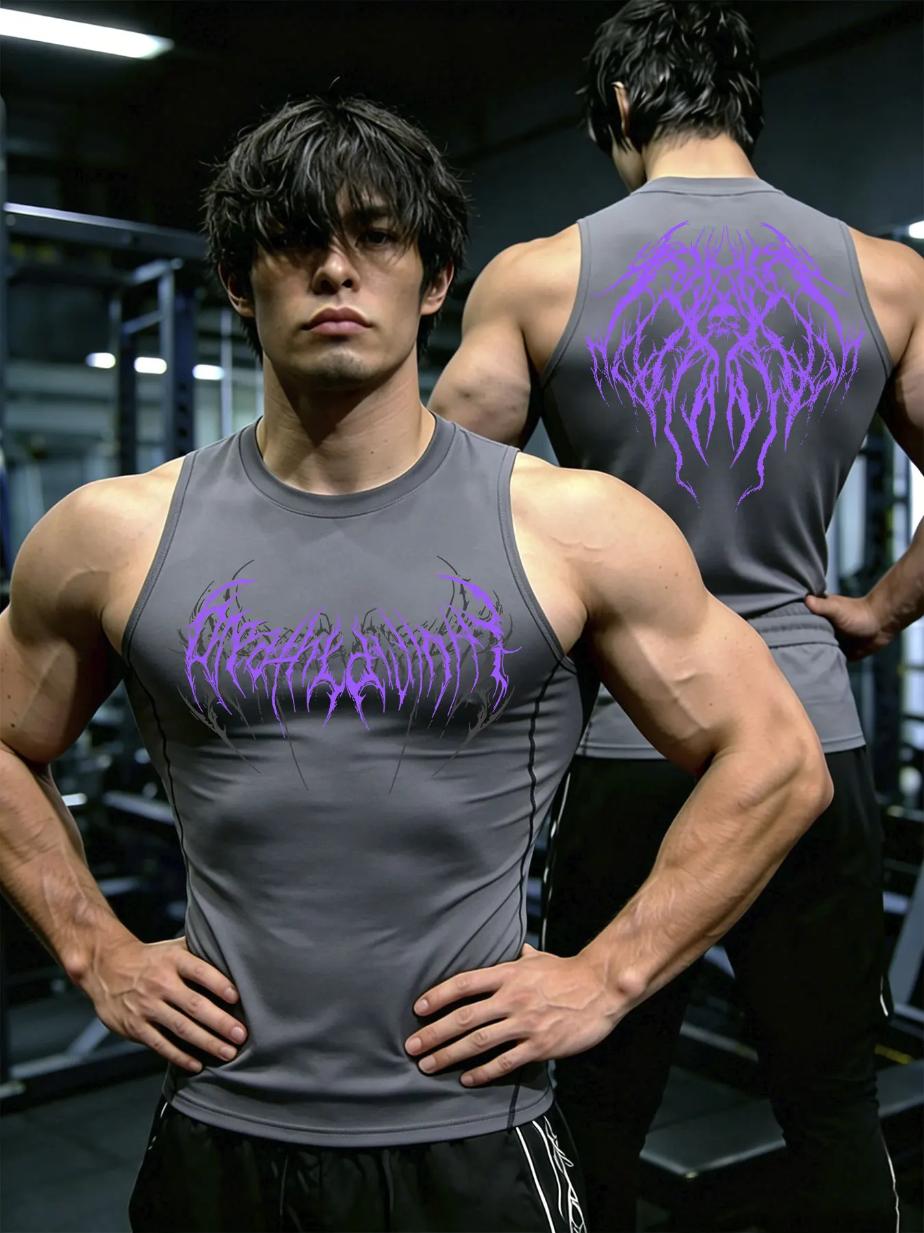 Herren Y2K Dark Gothic Art Print Kompressions-Tanktop, schnelltrocknend, ärmellos, Weste, Fitness, Bodybuilding, Workout, Muskel-Sportoberteil – Detail 7