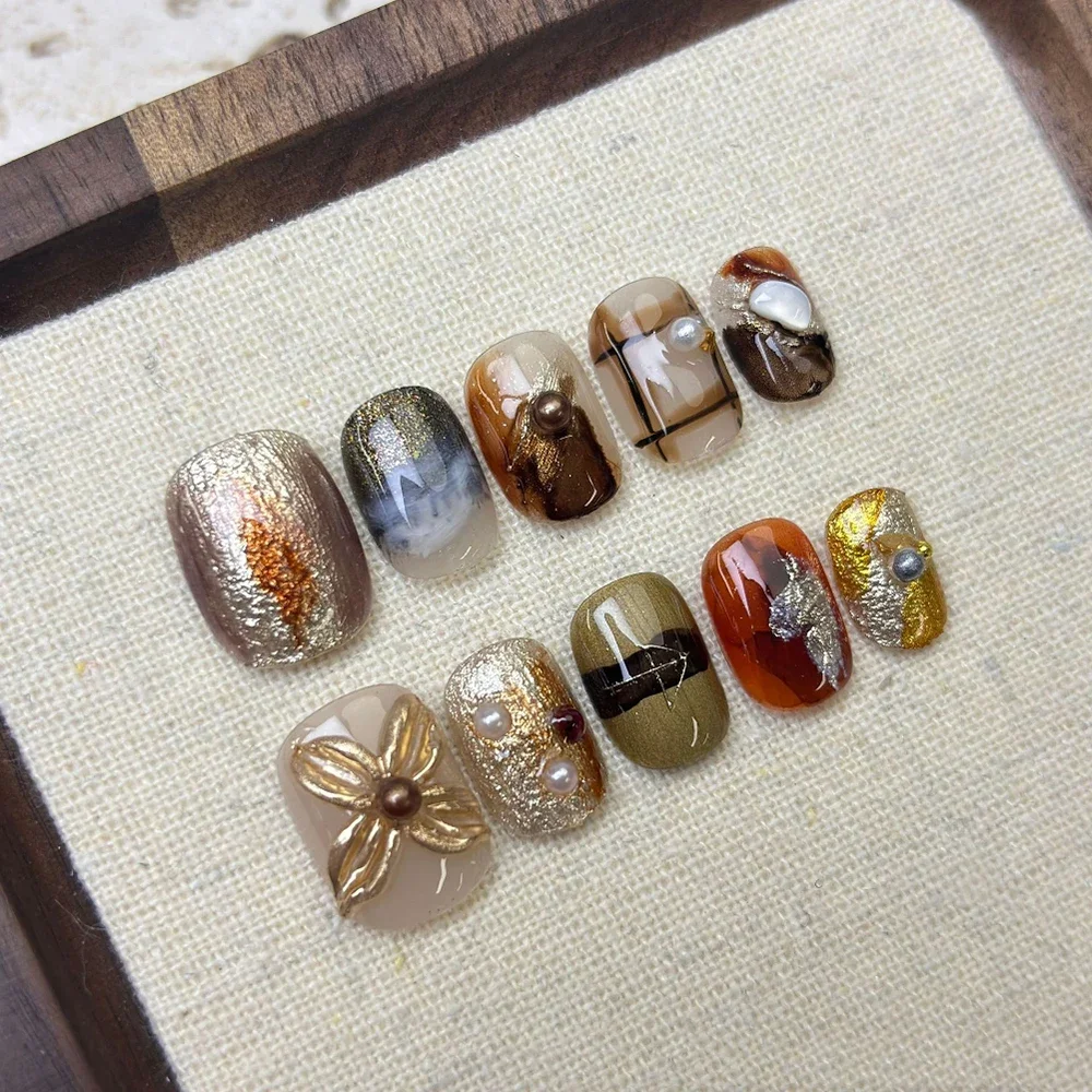 10Pcs 라이트 럭셔리 손톱에 고품질 수제 프레스 매직 미러 파우더 그라디언트 짧은 사각형 타원형 웨어러블 틀린 손톱
