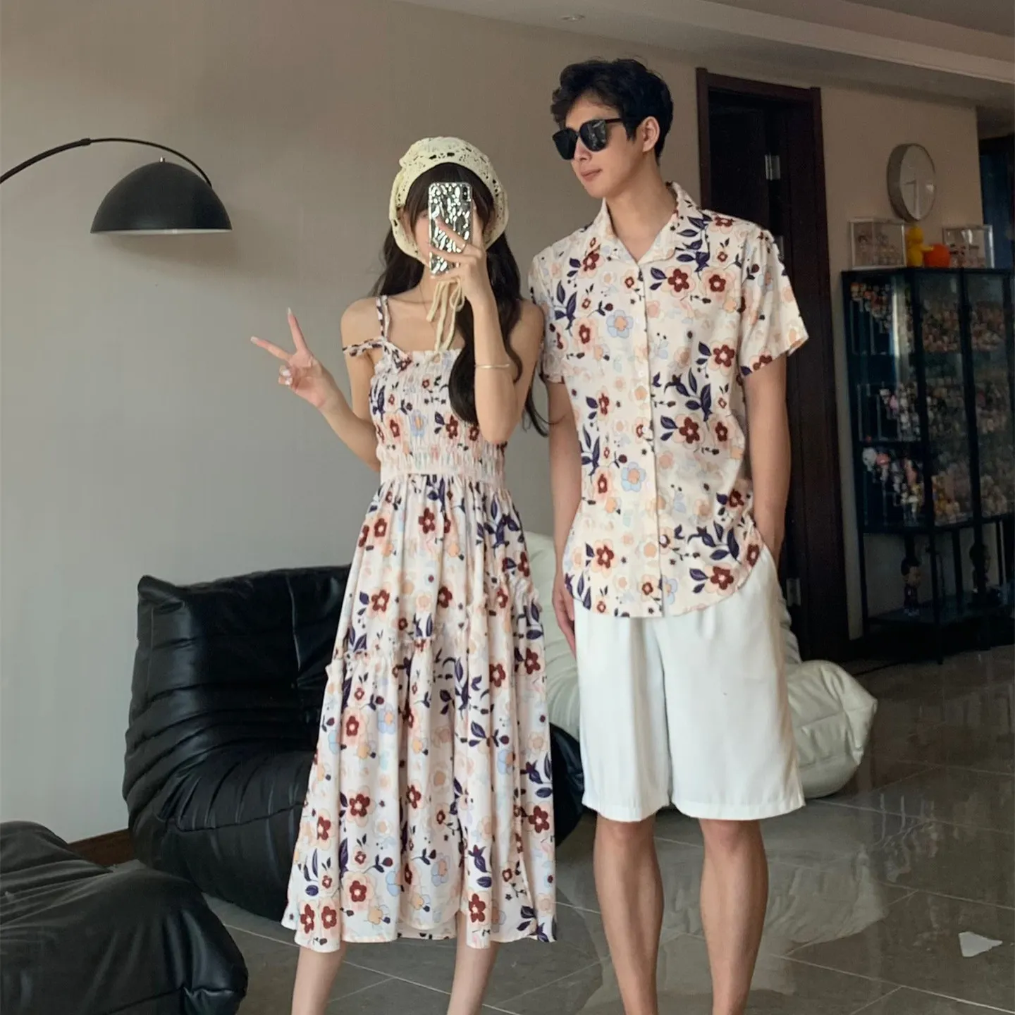2026 Summer Boho Family Matching & Couple Outfits Retro Floral Print Dress & Aloha Shirt Set for Mom Dad Kid Vacation Photoshoot