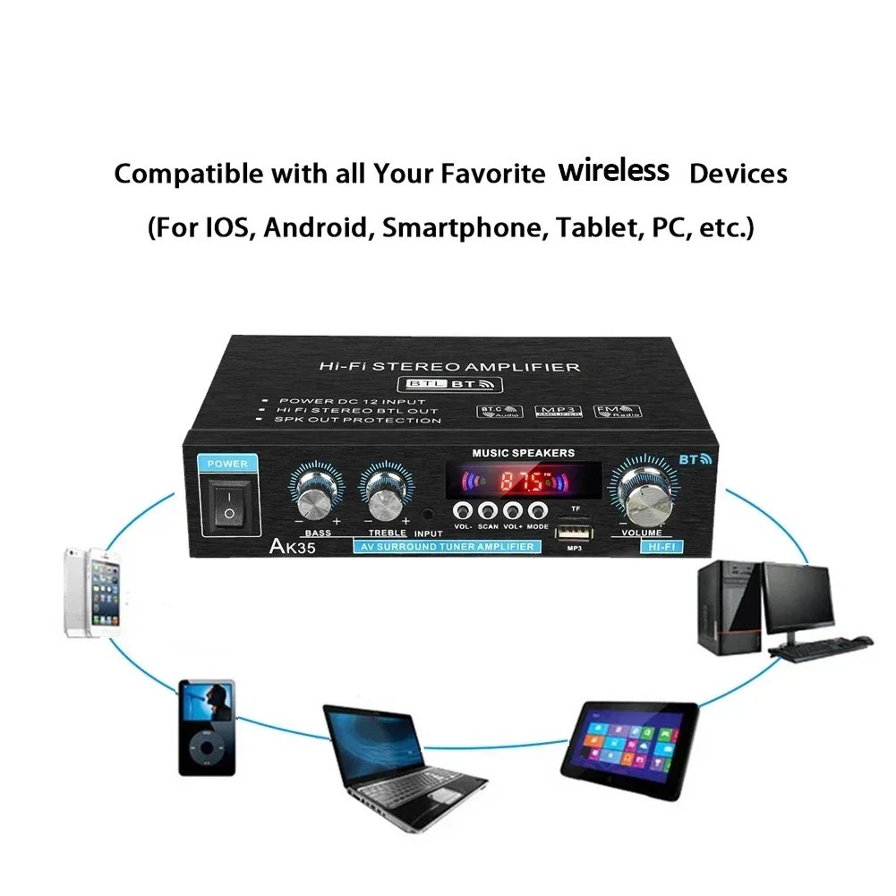Home Power Amplifier CH 2.0 Bluetooth Bass Amp AK35 HIFI Digital Audio Amplifiers FM USB Remote 100-240V 12V