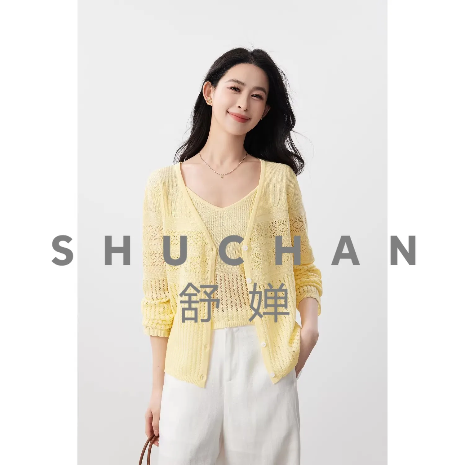 

Literary and Gentle Pattern Hollow Hook Flower Lyocell + Hemp Two-piece Knitted Sweater 26th Summer
