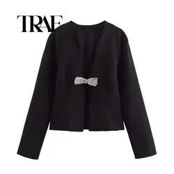 TRAF Jewelry Bow Embellished Slim Fit Shirt for Women Summer Loose Casual Streetwear Office Lady Style V-Neck Shirt