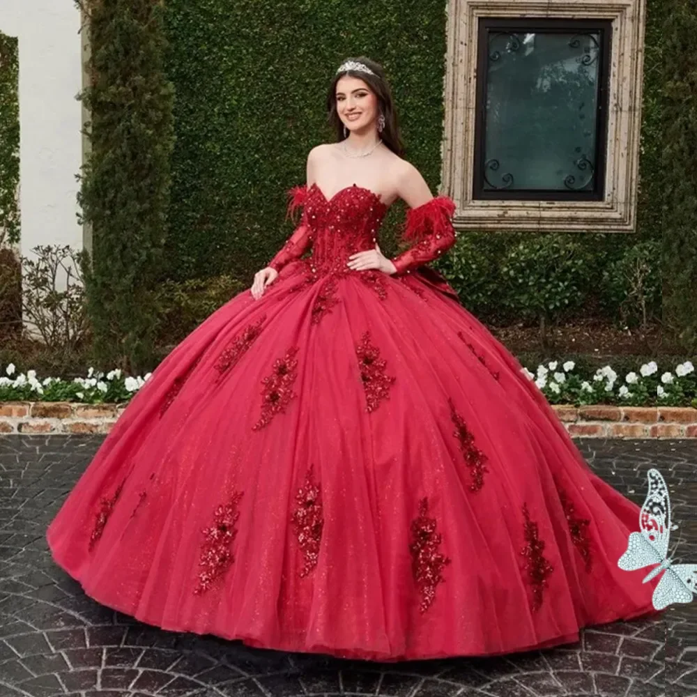 

Red Sweetheart Quinceanera Dresses Detachable Sleeves lace Appliques Feathers Ball Gown Feather Corset Vestidos Prom Plus Size