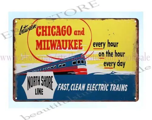 CHICAGO NORTH SHORE AND MILWAUKEE TROLLEY train railroad railway metal tin sign