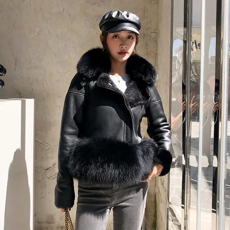 Shearing Real Sheepskin2022 New Lady Leather Jackets Winter Warm Real Fox Fur Collar Cuffs Fur Lining Short Coat Overcoats 7421B