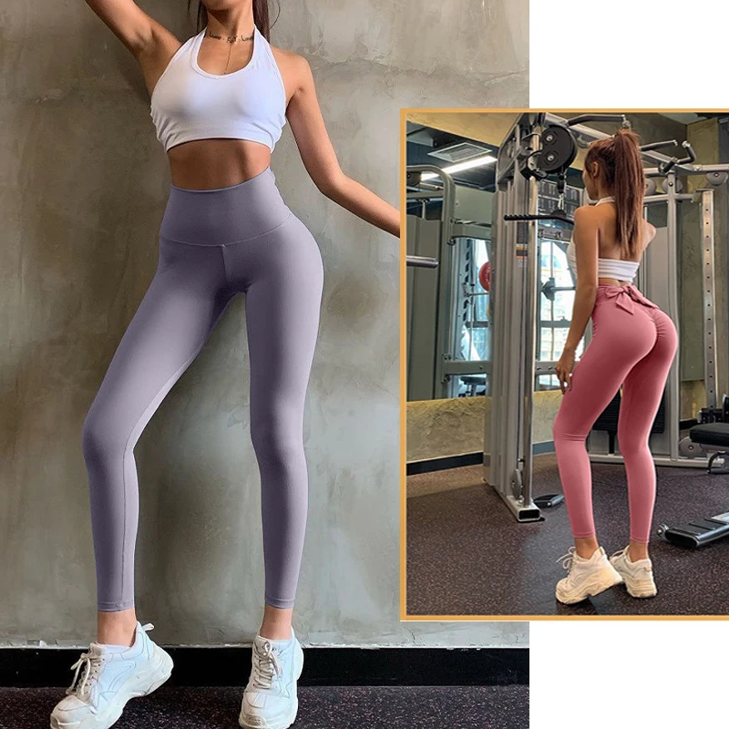 Aiithuug Bowknot High Waist Yoga Leggings Women's Fast Drying Butt Lifter Pants Seamless Tight Hem Workout Fitness Pilates Pants