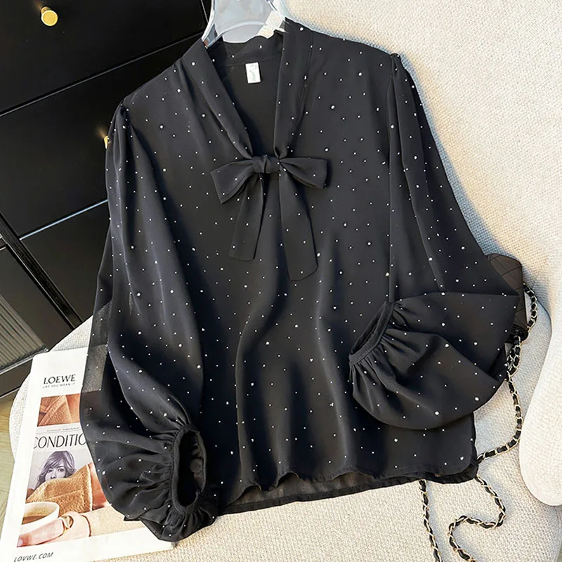 

Women Blouse Shirt Fashion Long Sleeve Bow Collar Elegant Dot Chiffon Blouse Shirt Women Tops Blouses Shirts Blusas Camisas Q518