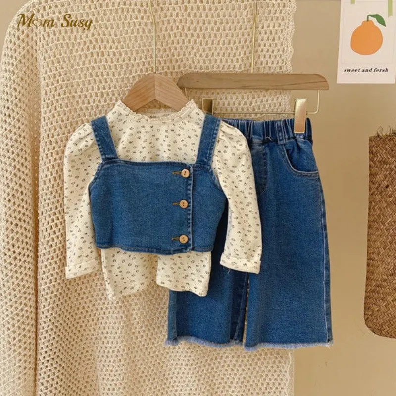 

Fashion Baby Girl Denim Clothes Set Cotton Strap Vest+Flare Pant+Shirt 3PCS Kids Jean Clothing Suit Sleeveless Outfit 0-5Y