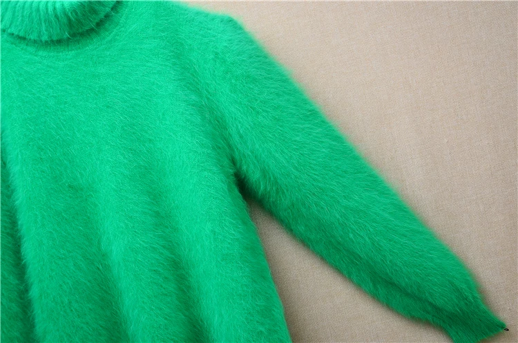 Feminino outono inverno roupas verde peludo angora coelho cabelo de malha gola alta camisola longa pele de vison jumper vestido puxar