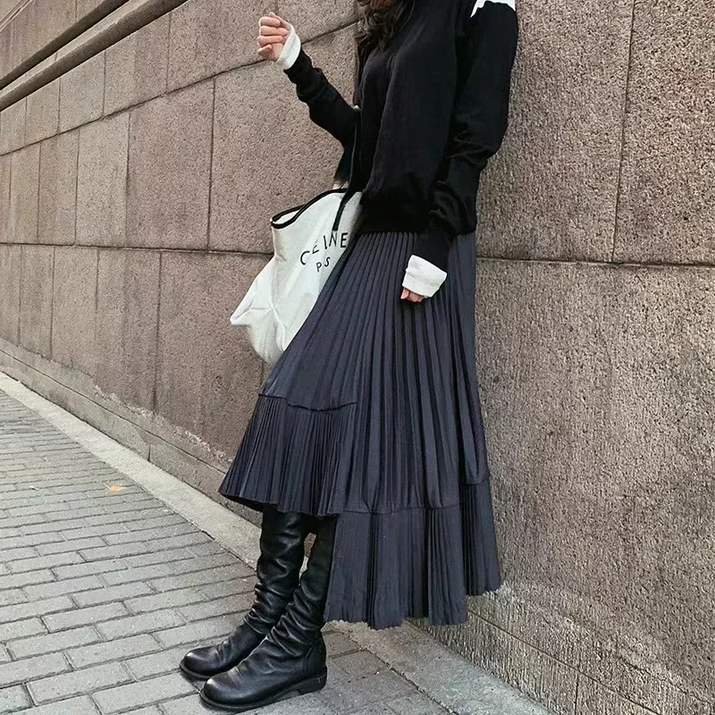 

Irregular Autumn Winter Solid Long Skirts High Waist Pleated Patchwork Mermaid Faldas Korean Irregular Women Skirts