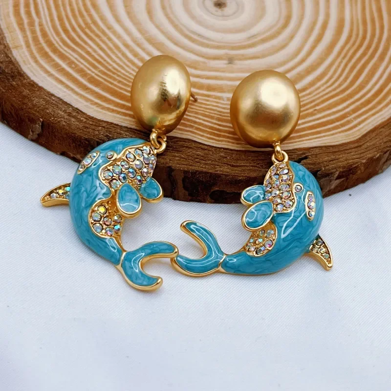 Medieval vintage stud earrings enamel cute animal light luxury high sense new Chinese 925 medieval female whale