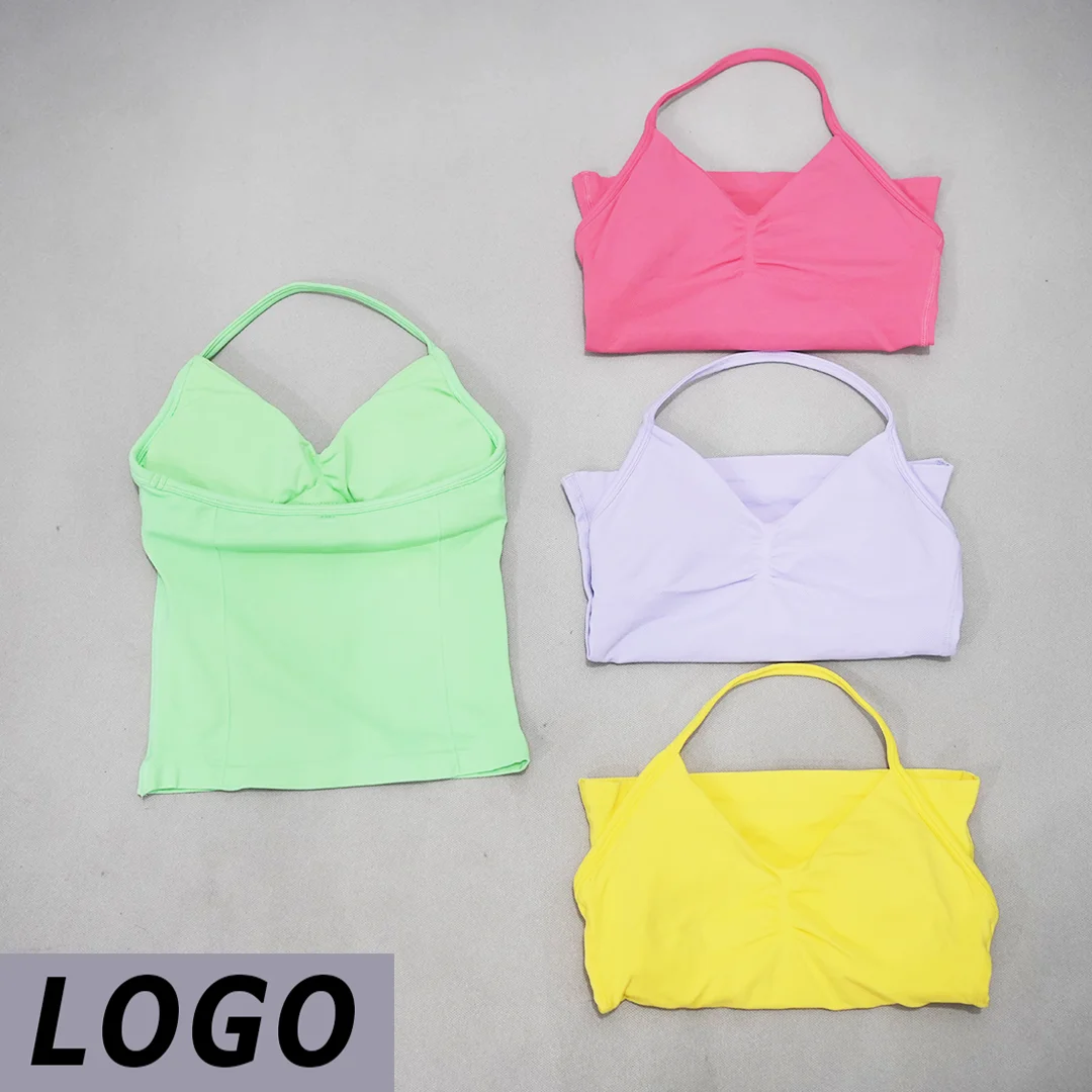 DF Women Seamless Longline Strappy Yoga Tank Top V‑Neck Vest With Removable Pads Breathable Gym Workout Running Fitness Sports