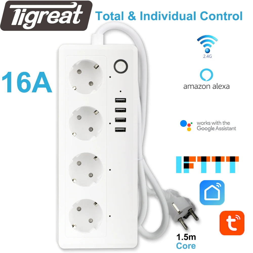 Tigreat Smart Power Strip Wifi EU 16A 4 outlet Socket Plug Timer Remote Control Socket Tuya Alexa Google Home IFTTT Outlet