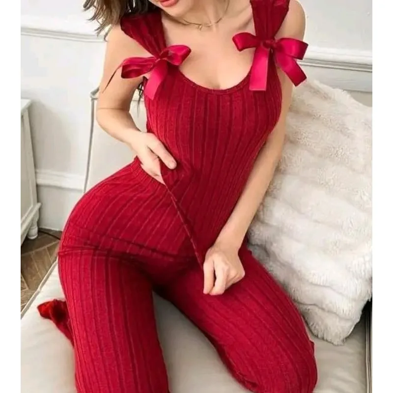 2pcs Set Sleeveless Top and Long Pants Pajama Set Comfortable Fashion Slim Fit Women Loungewear Set with Bow Decor