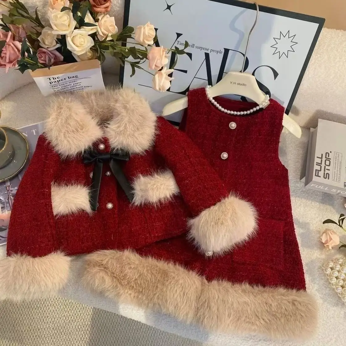 

Girls Winter New Year's Clothing Set Korean style Children's Cotton Padded Thick Coat Vest Skirt Children's New Year Clothes2-8T