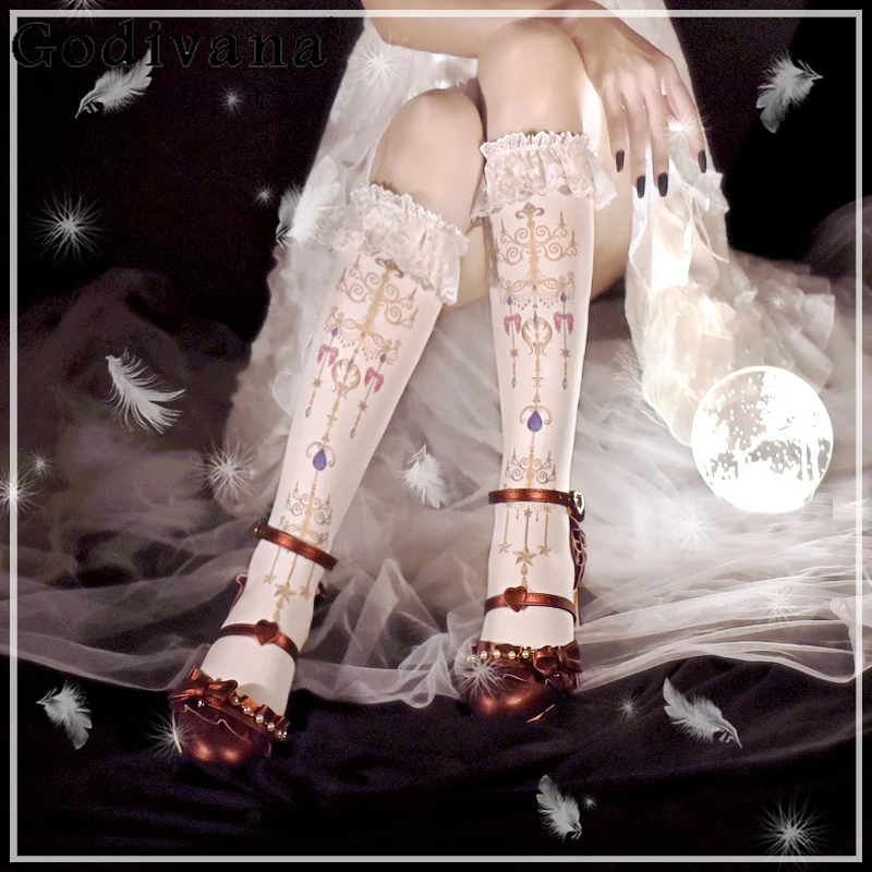 

Gothic Style Print Lace Lolita Thigh High Socks Summer New Fashion Girly Sweet Cute Stockings Women Sexy Slimming Knee Hosiery