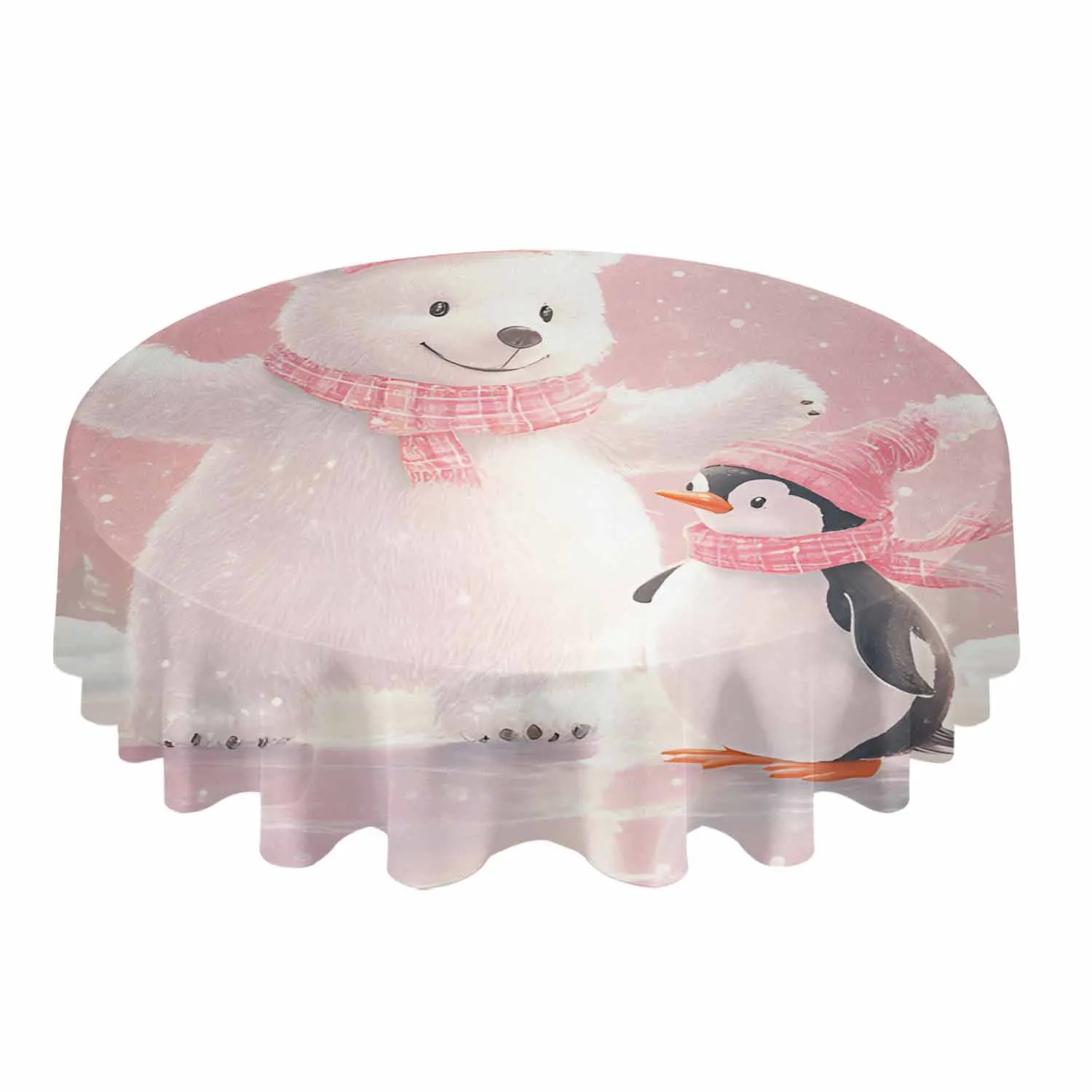 Christmas Pink Bears And Penguins Waterproof Tablecloth Table Decoration Wedding Home Kitchen Dining Room Round Table