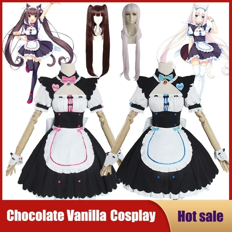 Disfraz de Anime NEKOPARA Chocolate y vainilla, bonito disfraz de gato Neko Lolita, vestido de sirvienta, peluca, trajes para niñas y mujeres, Carnaval de Halloween S MN3