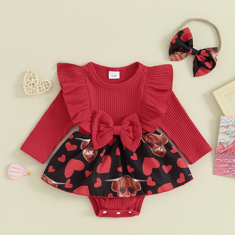 

Baby Girls Valentine s Day Heart Print Romper Dress with Long Sleeve Ruffles Round Neck Jumpsuit and Matching Headband