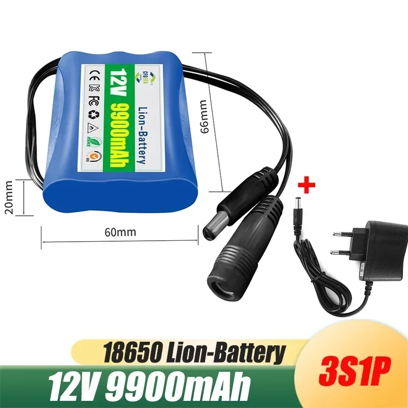 100% New 3S1P Protection Plate12V 9.9Ah Battery Pack 12V 9900mAh 18650 Lithium ion DC 12.6V Super Rechargeable Battery + Charger
