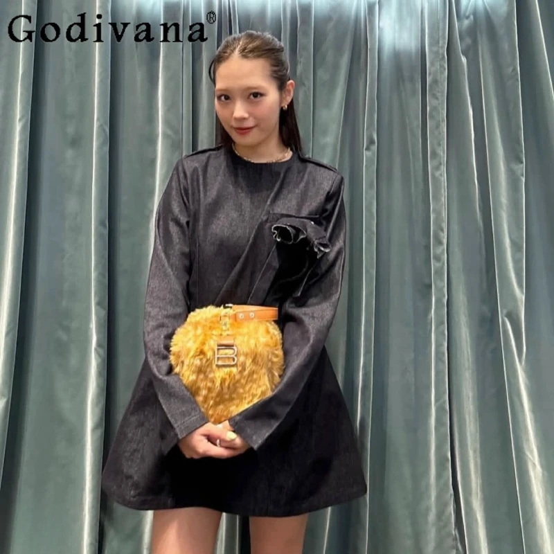 

2025 Japanese Style Sweet Fashion Denim Dress Spring Autumn New Girls' Woman's High Waist Slim Elegant Short Long Sleeve Dress