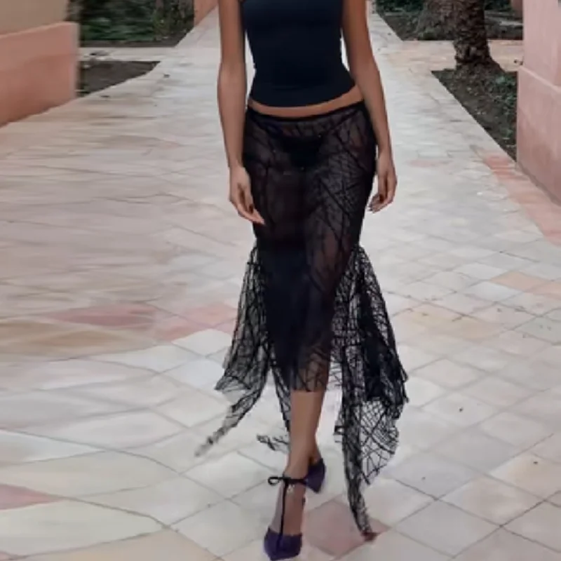 Falda Larga Maxi Negra Transparente con Líneas Brillantes, Chic, de Cintura Baja, Estilo Cola de Pez Irregular, Ropa de Mujer Y2K de Moda Urbana