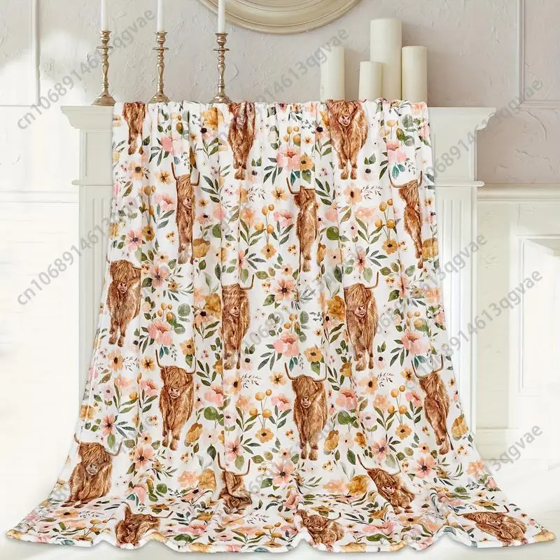 

Soft & Warm Cozy Floral Highland Cow Print Flannel Throw Blanket Machine Washable for Couch BedCustom blankets