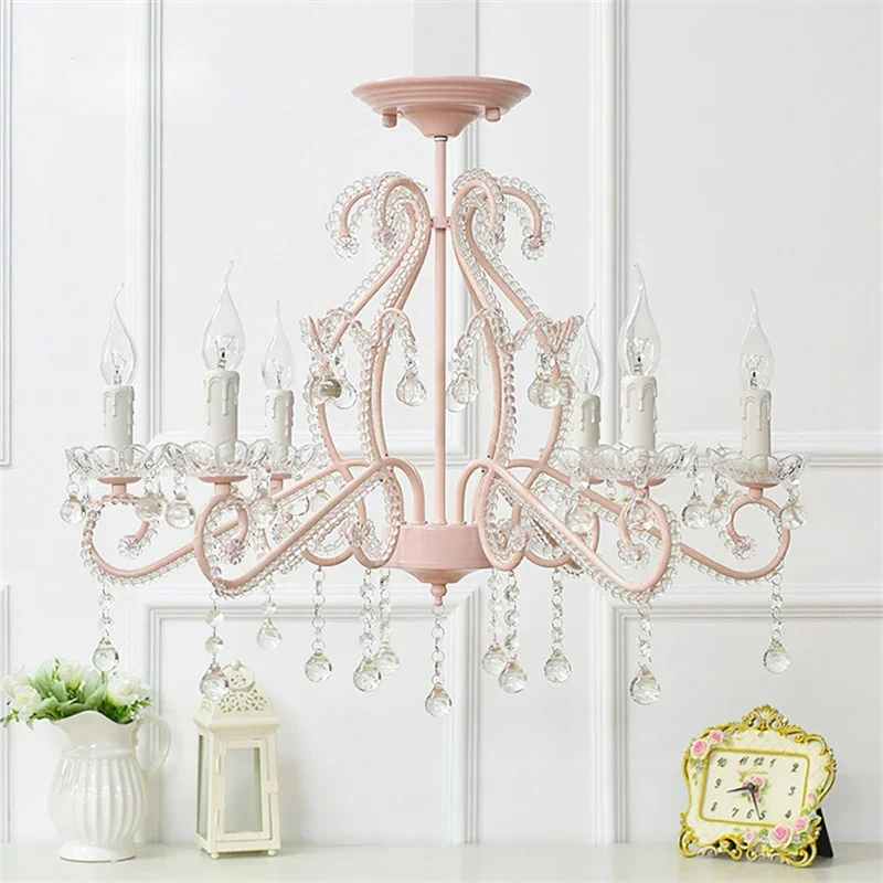 European Style Korean Princess Room Chandelier Children's Room Lights Pink Bedroom Decorative Lights Ins Girls Aesthetic Crystal